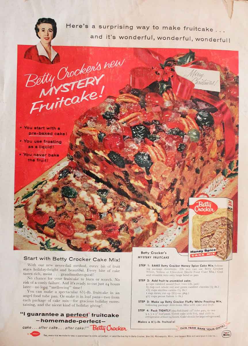 Betty Crocker fruitcake ad (back cover of Woman’s Day December 1957