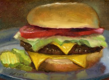 Cheeseburger with Pickles 9x12 Oil on panel painting by artist Hall Groat II