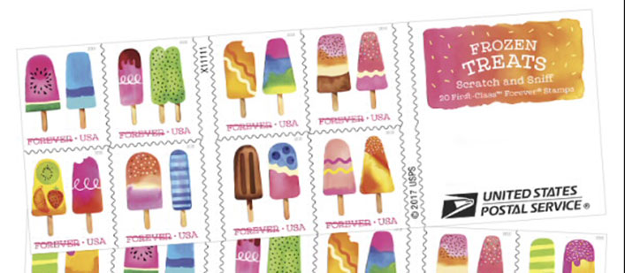 Frozen Treats scratch and sniff postage stamps