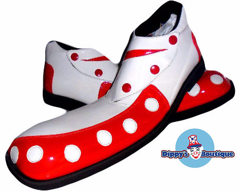 Red and white mens clown shoes
